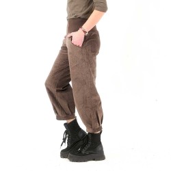 Pantalon femme 4/5 velours côtelé marron, ceinture jersey