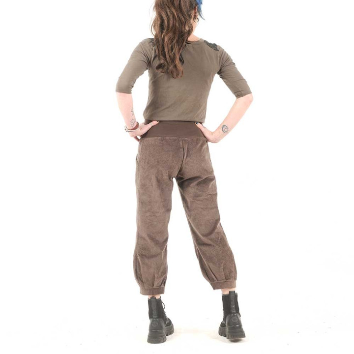 Pantalon femme 4/5 velours côtelé marron, ceinture jersey
