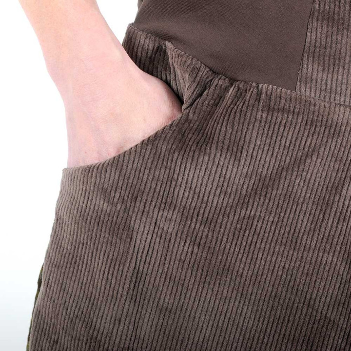 Pantalon femme 4/5 velours côtelé marron, ceinture jersey