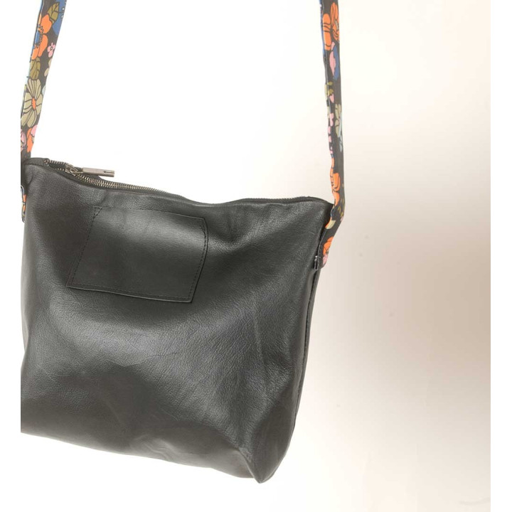 Black leather crossbody purse, floral retro fabric details