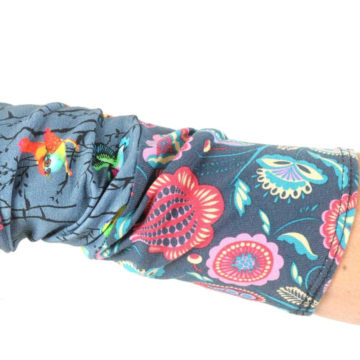 Long grey and blue jersey armwarmers, bird and floral print jersey
