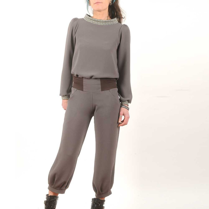 Pantalon femme bouffant crêpe taupe