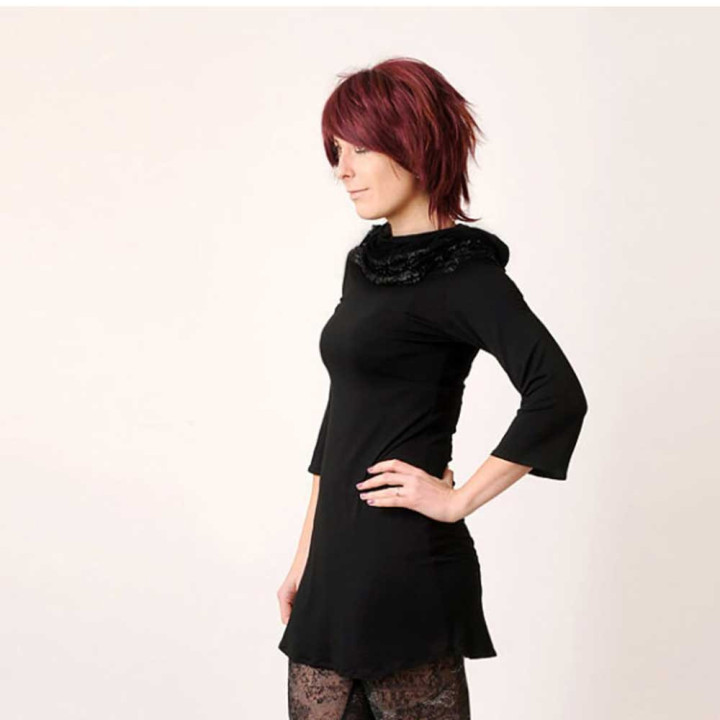 Black jersey tunic with wide cowl and ruffles