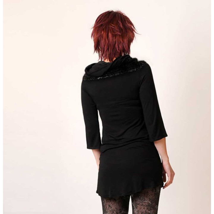 Black jersey tunic with wide cowl and ruffles