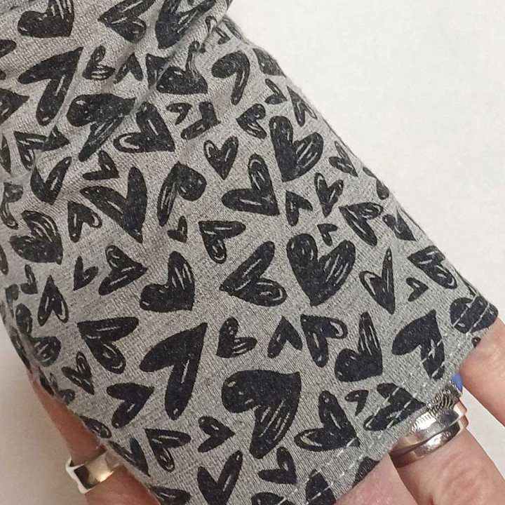 Long pale grey fingerless gloves with heart print, Handmade in France