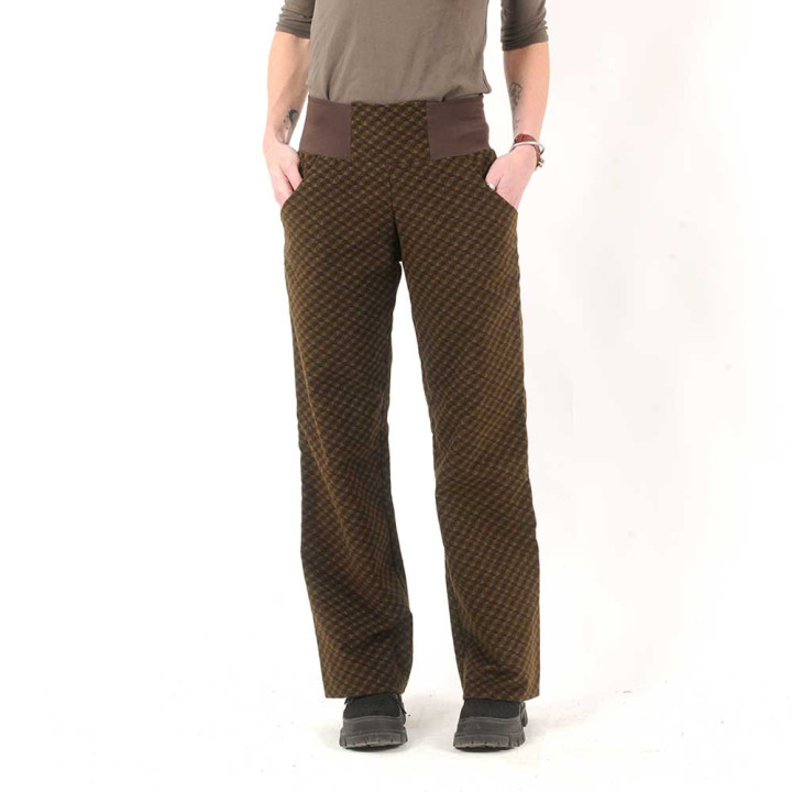 Pantalon femme velours imprimé géométrique tons marron kaki gris, coupe droite, Fabrication française