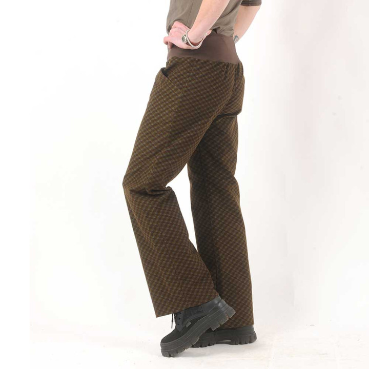 Womens straight pants, wide legs, brown geometric print velvet, Handmade in France
