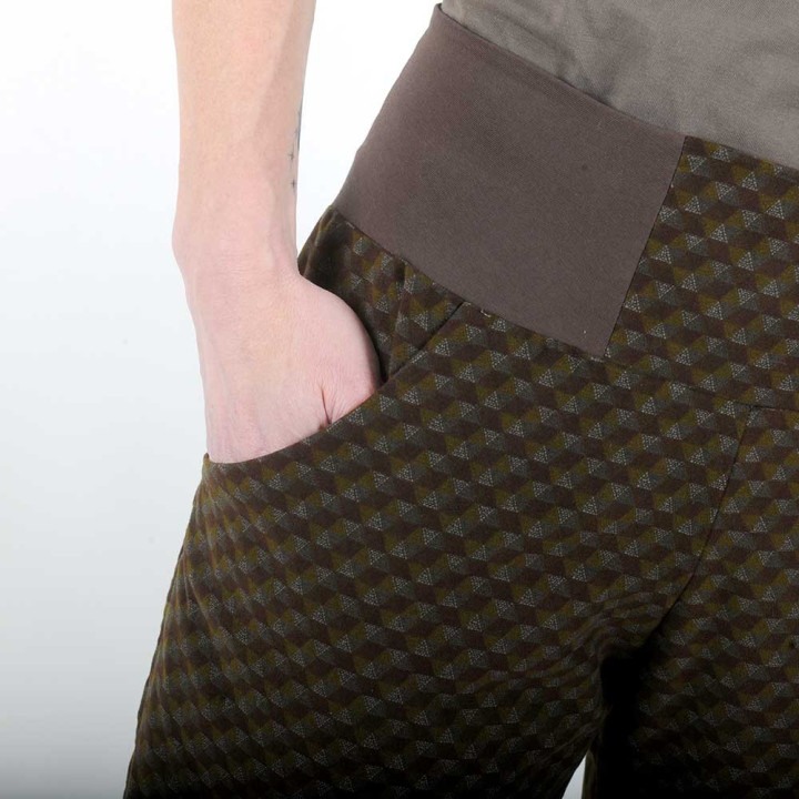 Womens straight pants, wide legs, brown geometric print velvet, Handmade in France