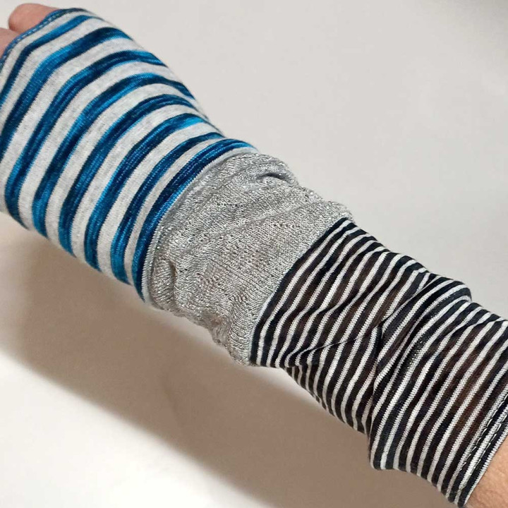 Long striped jersey armwarmers, blue, beige, grey, Handmade in France