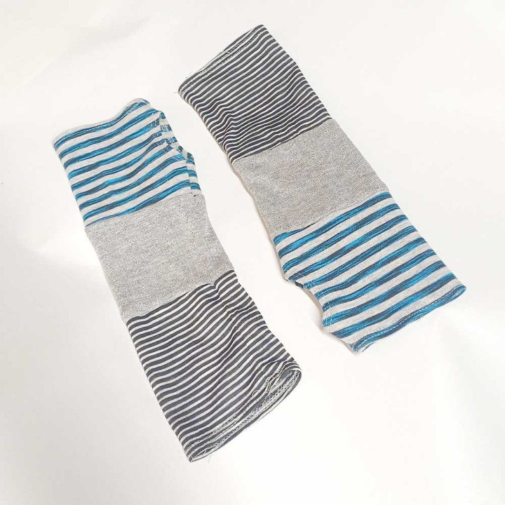 Long striped jersey armwarmers, blue, beige, grey, Handmade in France