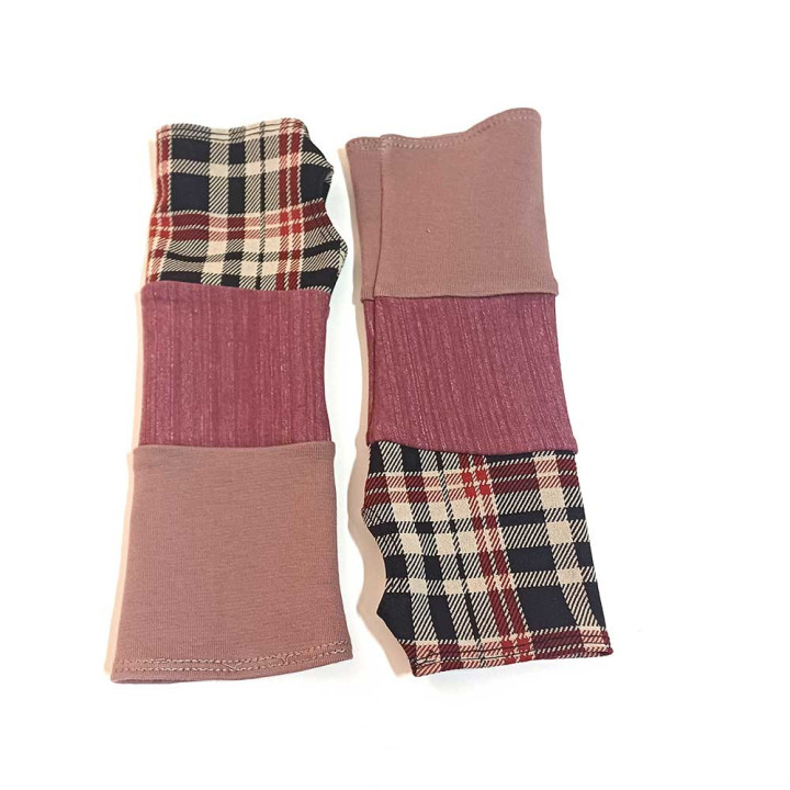 Long patchwork jersey armwarmers, subdued colours, Handmade in France