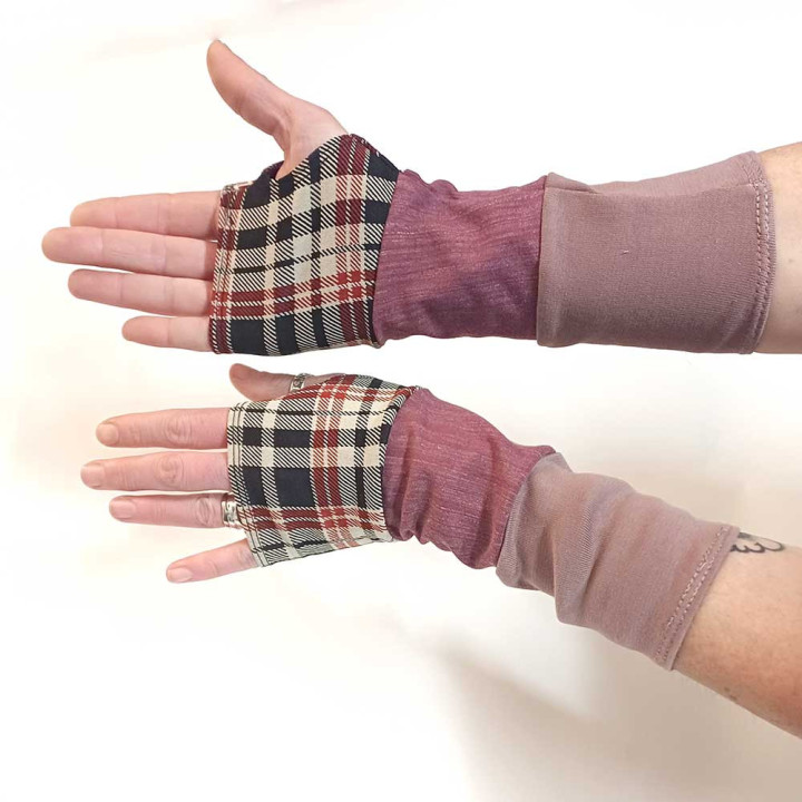 Long patchwork jersey armwarmers, subdued colours, Handmade in France