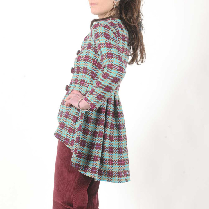 Blue, beige and crimson red checkered cotton swallowtail jacket, Handmade in France