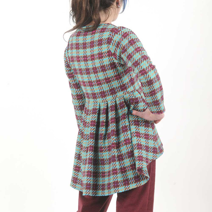 Blue, beige and crimson red checkered cotton swallowtail jacket, Handmade in France