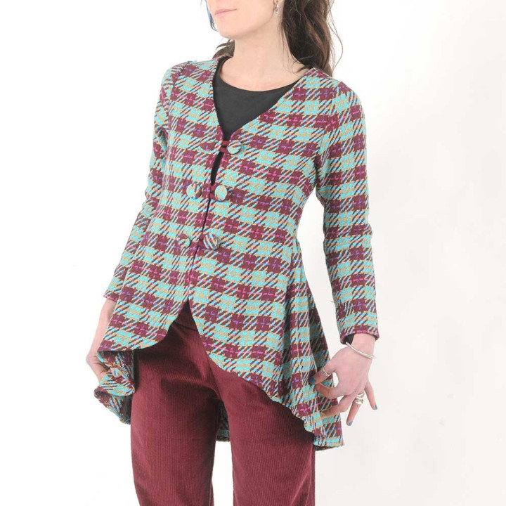 Blue, beige and crimson red checkered cotton swallowtail jacket, Handmade in France
