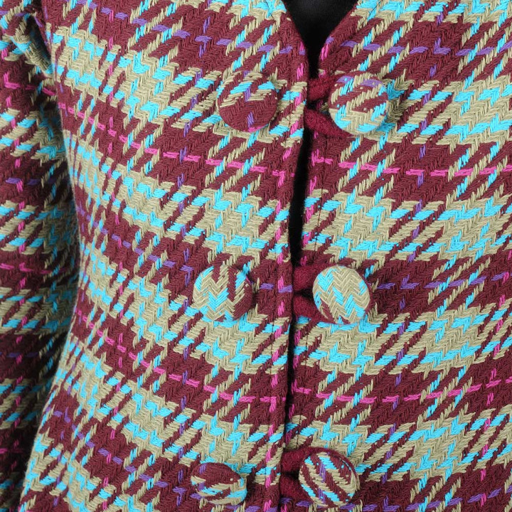 Veste redingote carreaux beige bleu bordeaux, plis au dos, Made in France