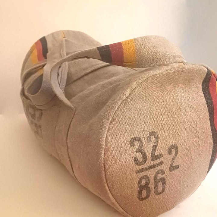 Handmade duffle bag, upcycled German and French mail bags, Fun gift idea