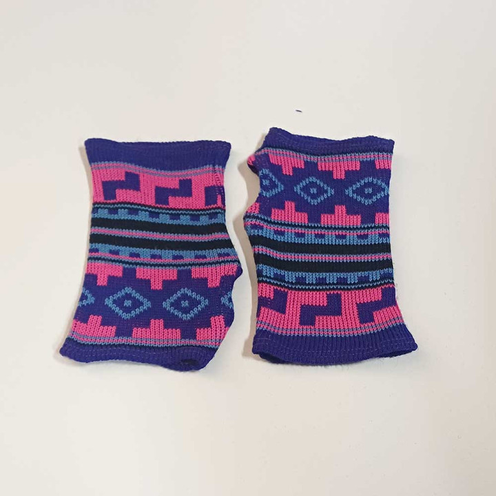 Short bright purple blue pink handwarmers with a geometric pattern, Handmade in France
