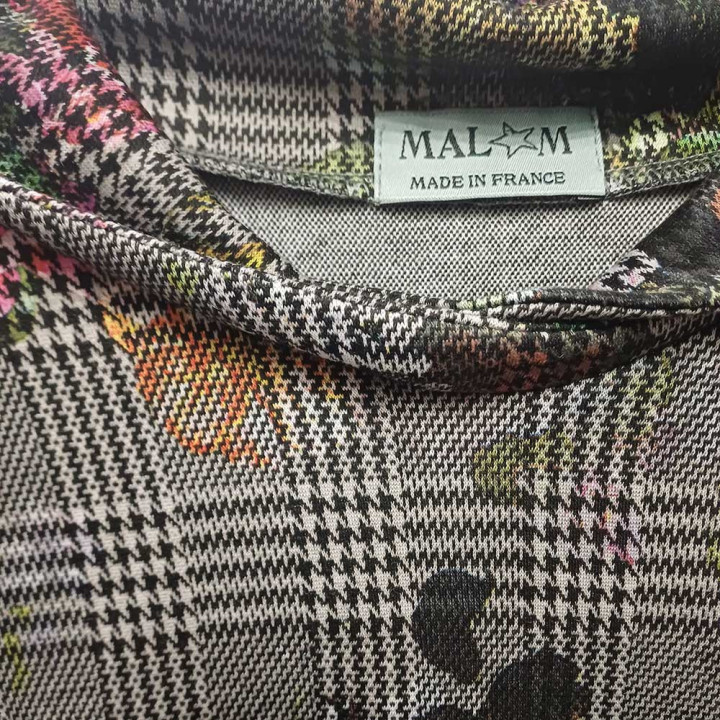 Assymetrical tunic sweater, grey Prince of Wales and colorful floral print, Made in France