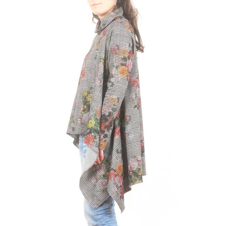 Assymetrical tunic sweater, grey Prince of Wales and colorful floral print, Made in France