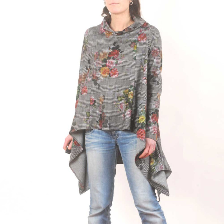 Assymetrical tunic sweater, grey Prince of Wales and colorful floral print, Made in France