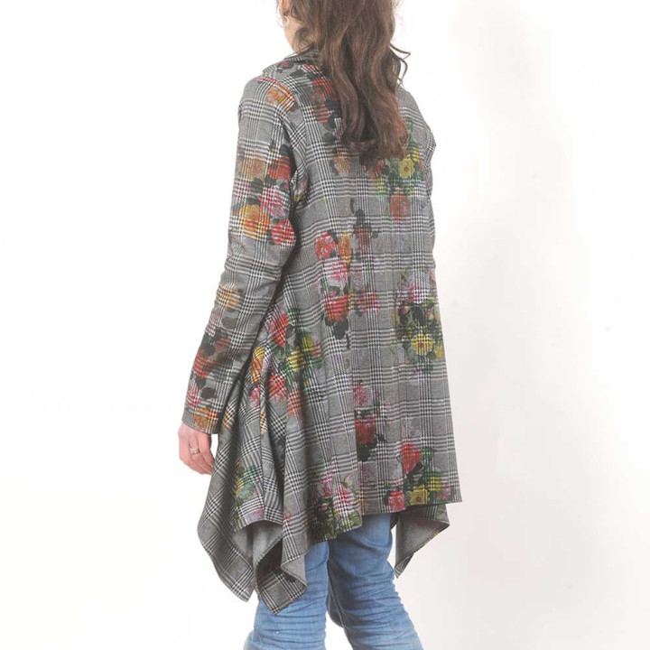 Assymetrical tunic sweater, grey Prince of Wales and colorful floral print, Made in France