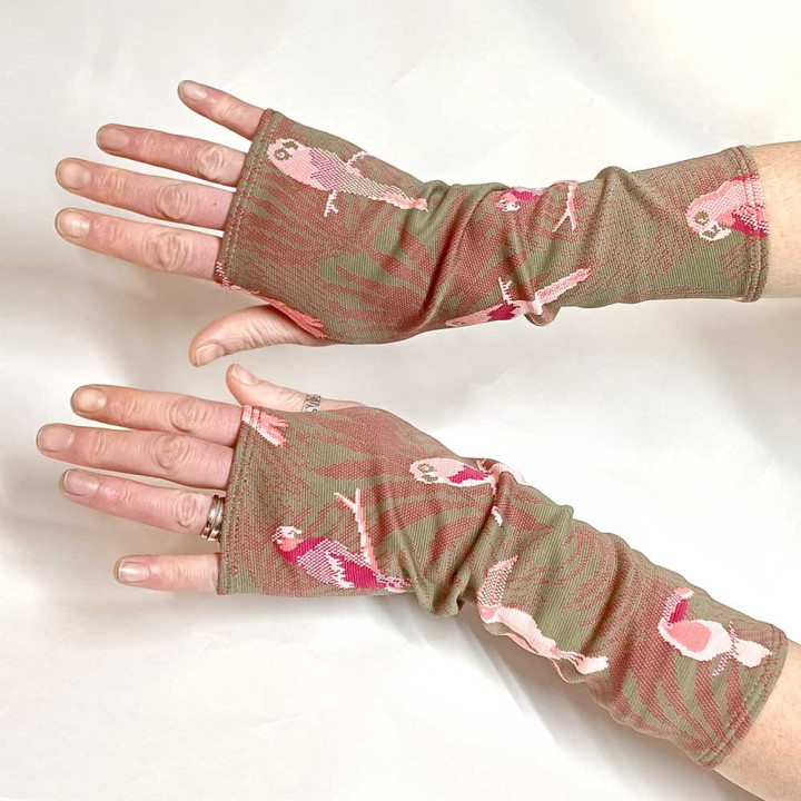 Fun armarmers with pink parrot print, Handmade in France