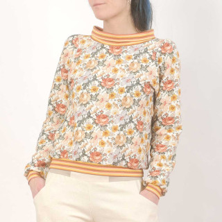 Fun floral sweater in white and orange, Handmade in France, Unique gift for her