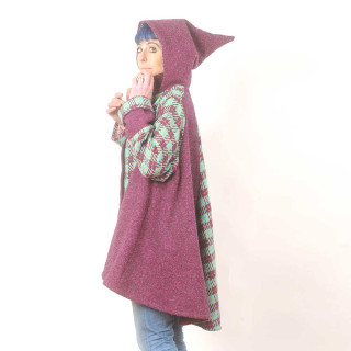 Purple and checkered graphic high-low Cape with pointy hood and wide sleeves, Handmade in France