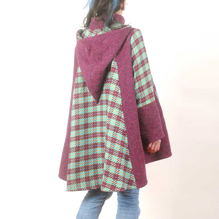 Purple and checkered graphic high-low Cape with pointy hood and wide sleeves, Handmade in France