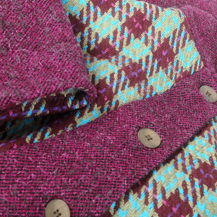 Cape graphique violette et carreaux à manches larges et capuche pointue, Made in France