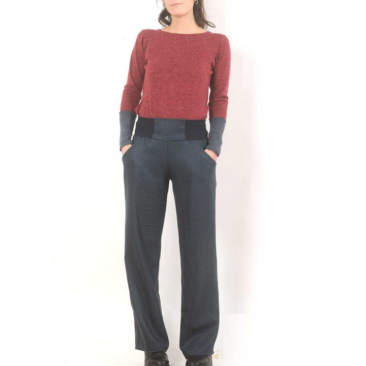 Pantalon femme lainage souple bleu petit pied de poule, Fabrication française