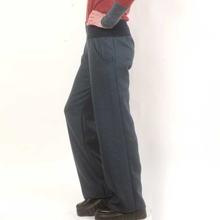 Pantalon femme lainage souple bleu petit pied de poule, Fabrication française