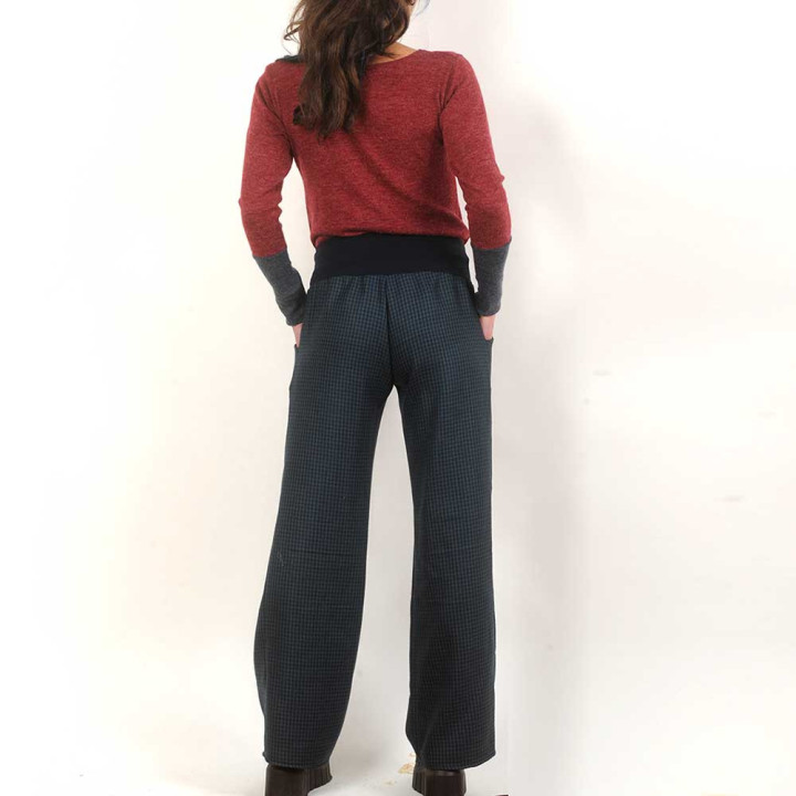 Pantalon femme lainage souple bleu petit pied de poule, Fabrication française