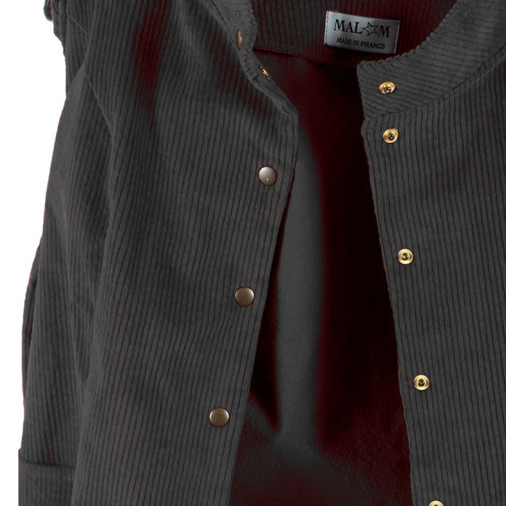 Veste femme ajustée, velours côtelé noir extensible, col officier, Made in France, création artisanale