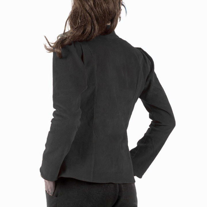 Veste femme ajustée, velours côtelé noir extensible, col officier, Made in France, création artisanale