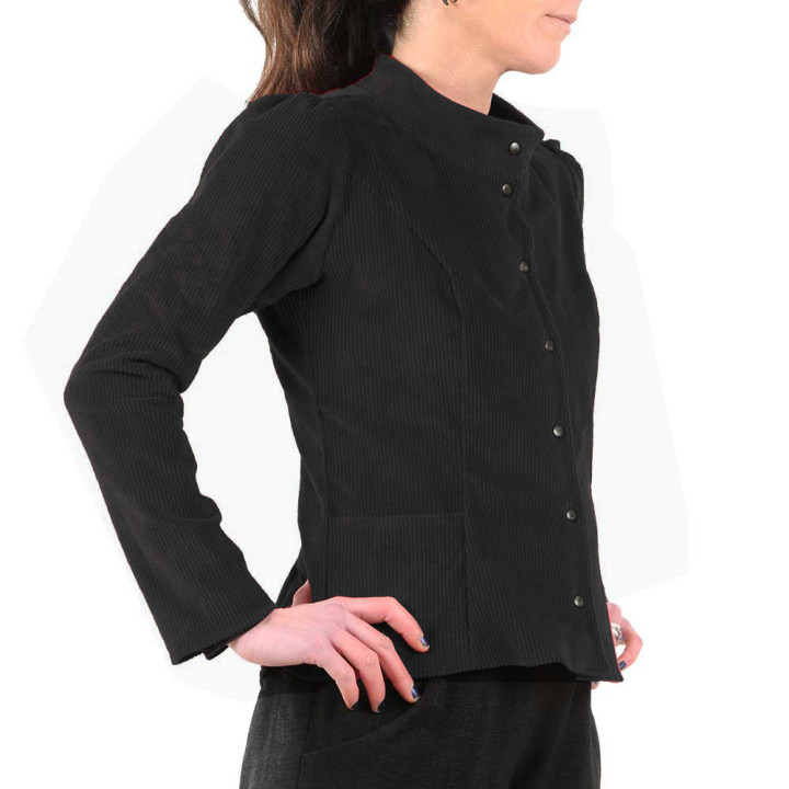 Veste femme ajustée, velours côtelé noir extensible, col officier, Made in France, création artisanale