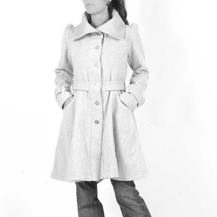 Custom women's flared and belted coat with wide collar, Handmade in France