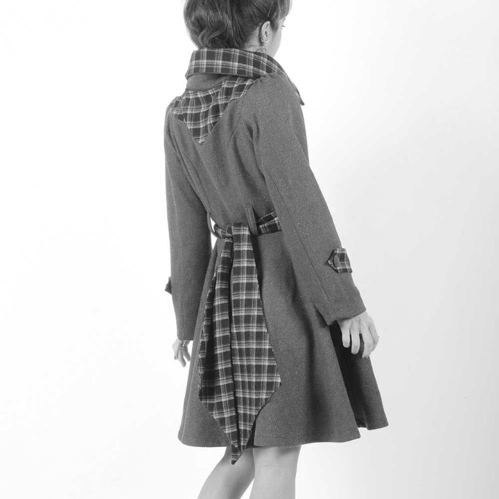 Custom women's flared and belted coat with wide collar, Handmade in France