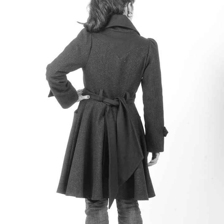 Custom women's flared and belted coat with wide collar, Handmade in France