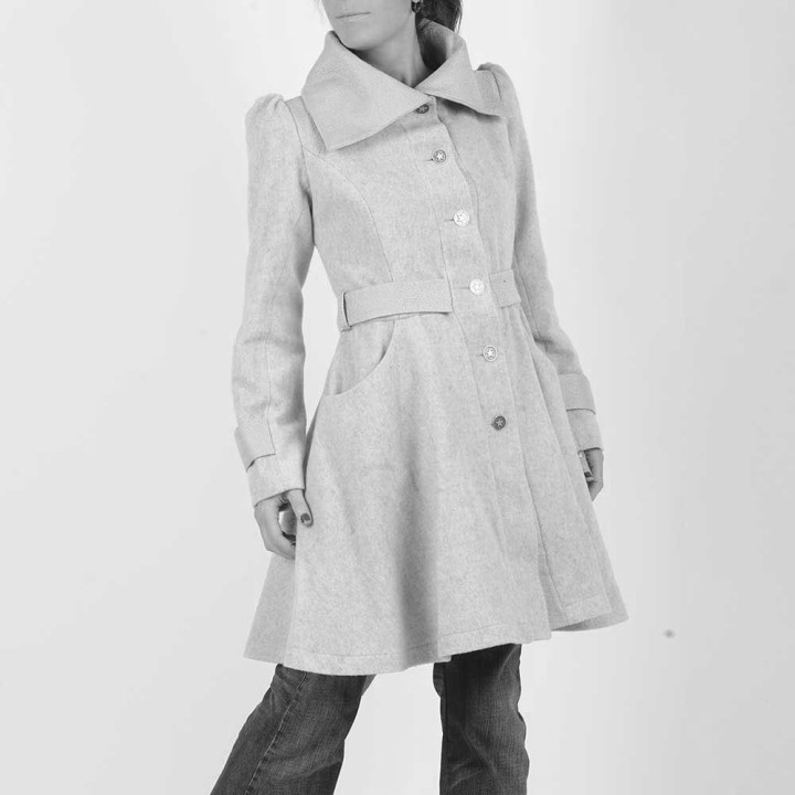 Custom women's flared and belted coat with wide collar, Handmade in France