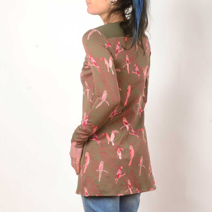 tunique femme originale motif perrroquets, fabrication artisanale française
