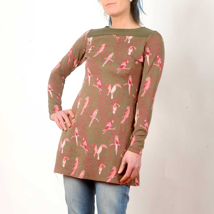 Tunique motif oiseaux vert kaki et rose, manches longues, Made in France, création artisanale