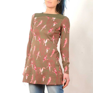 Short green and pink jersey tunic with parrot bird print, long sleeves, Handmade in France