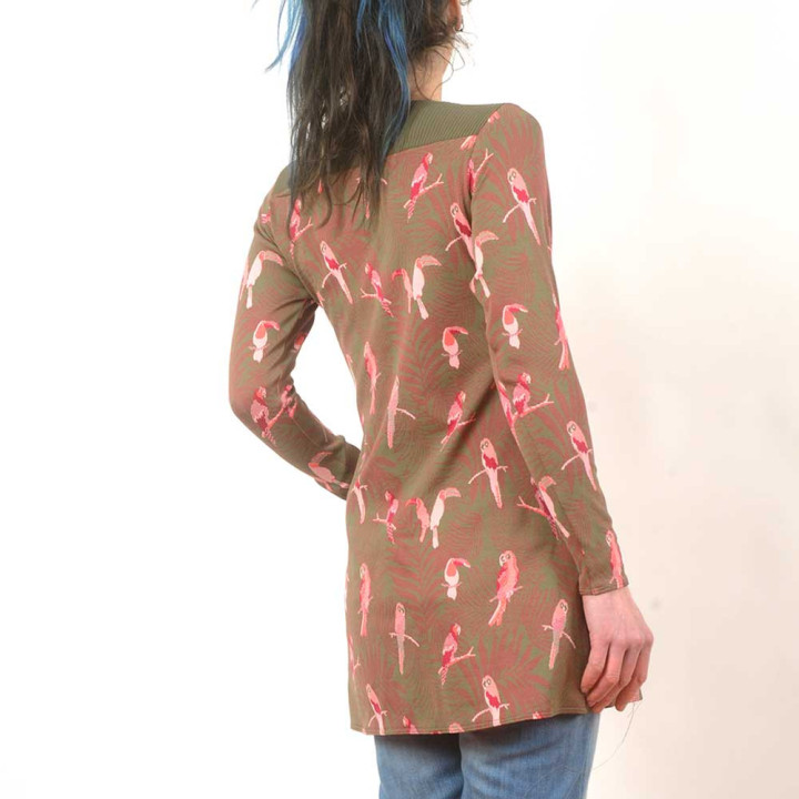 Tunique motif oiseaux vert kaki et rose, manches longues, Made in France, création artisanale