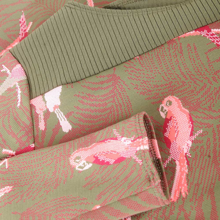 Tunique motif oiseaux vert kaki et rose, manches longues, Made in France, création artisanale