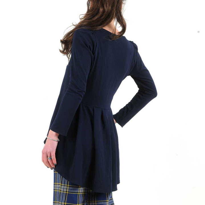 Gilet long femme élégant, crêpe bleu marine, plis au dos, Made in France