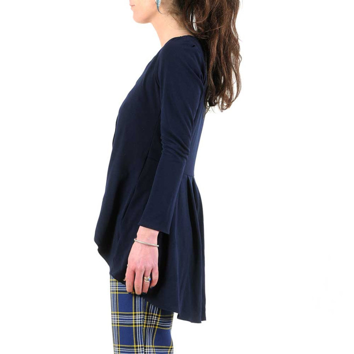 Gilet long femme élégant, crêpe bleu marine, plis au dos, Made in France