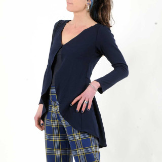 Gilet long femme élégant, crêpe bleu marine, plis au dos, Made in France