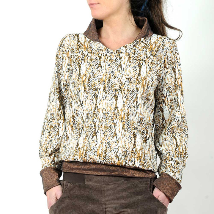 Pull sweat femme blanc noir bronze, col foulard Made in France